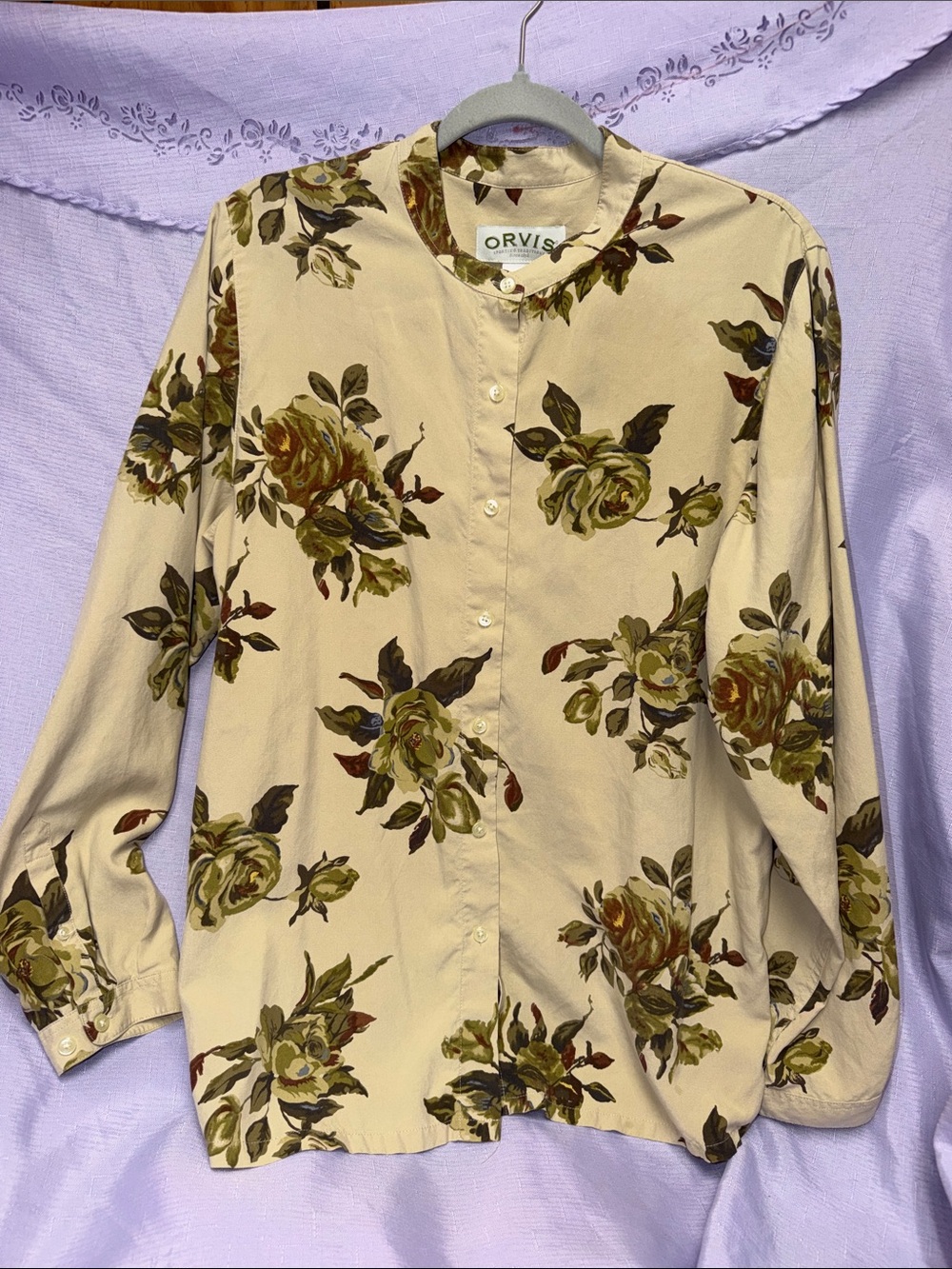 Orvis Beige Floral Button-Front 100% silk blouse